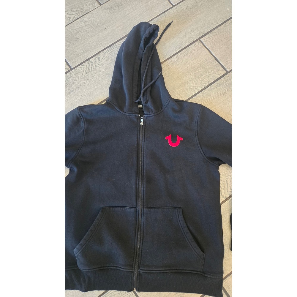 True Religion Mens Black Zip Up Hoodie Buddha Graphic Red Horseshoe Logo Large